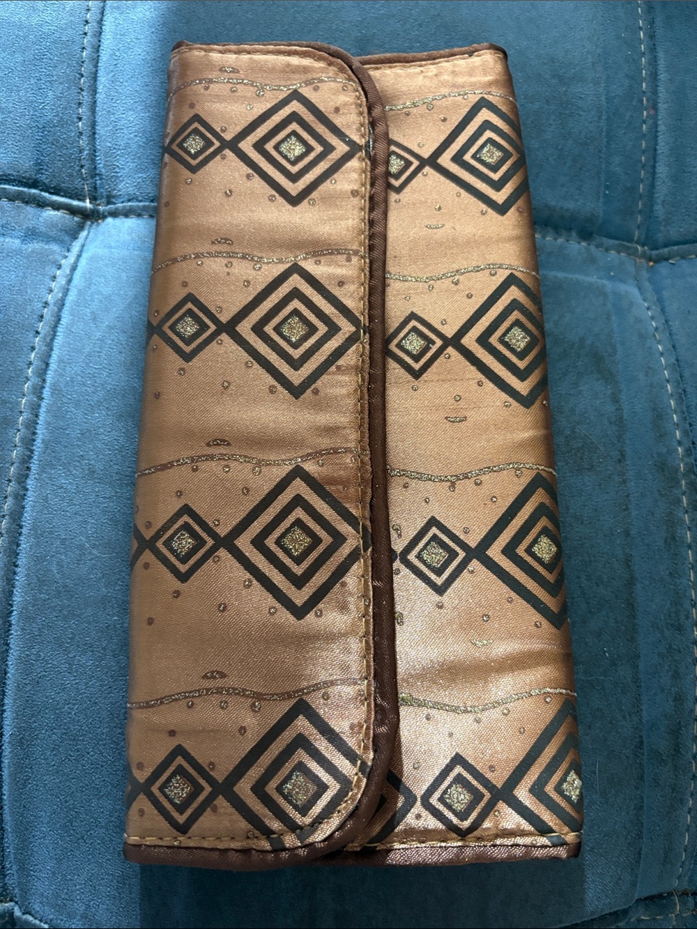 Bronze Geometric Patterned Satin Travel Jewelry Bag